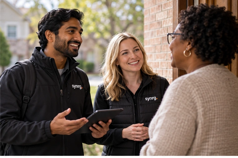 Illustrative SYNRG team outreach: colleagues in black gear connecting with homeowners