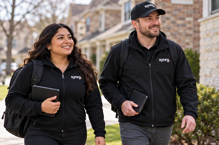 Illustrative SYNRG team outreach: colleagues in black gear connecting with homeowners