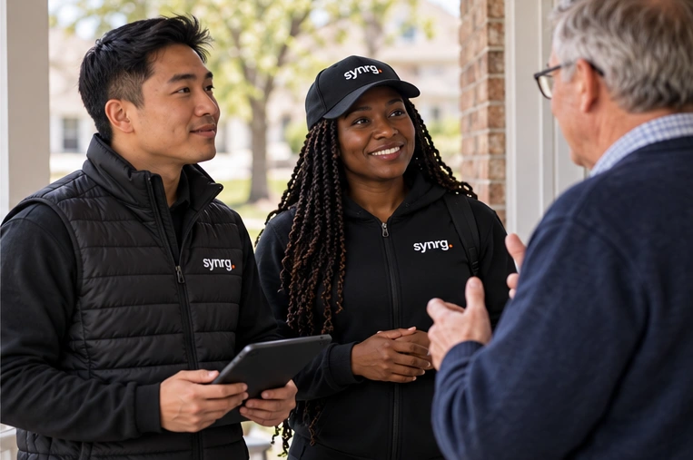 Illustrative SYNRG team outreach: colleagues in black gear connecting with homeowners