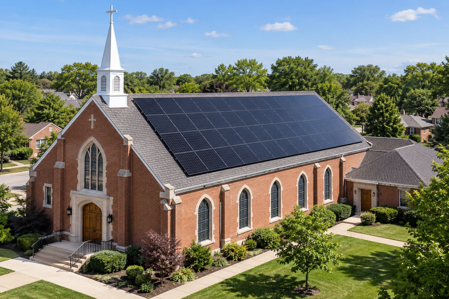 Illustrative traditional brick church with solar panels on its pitched roof