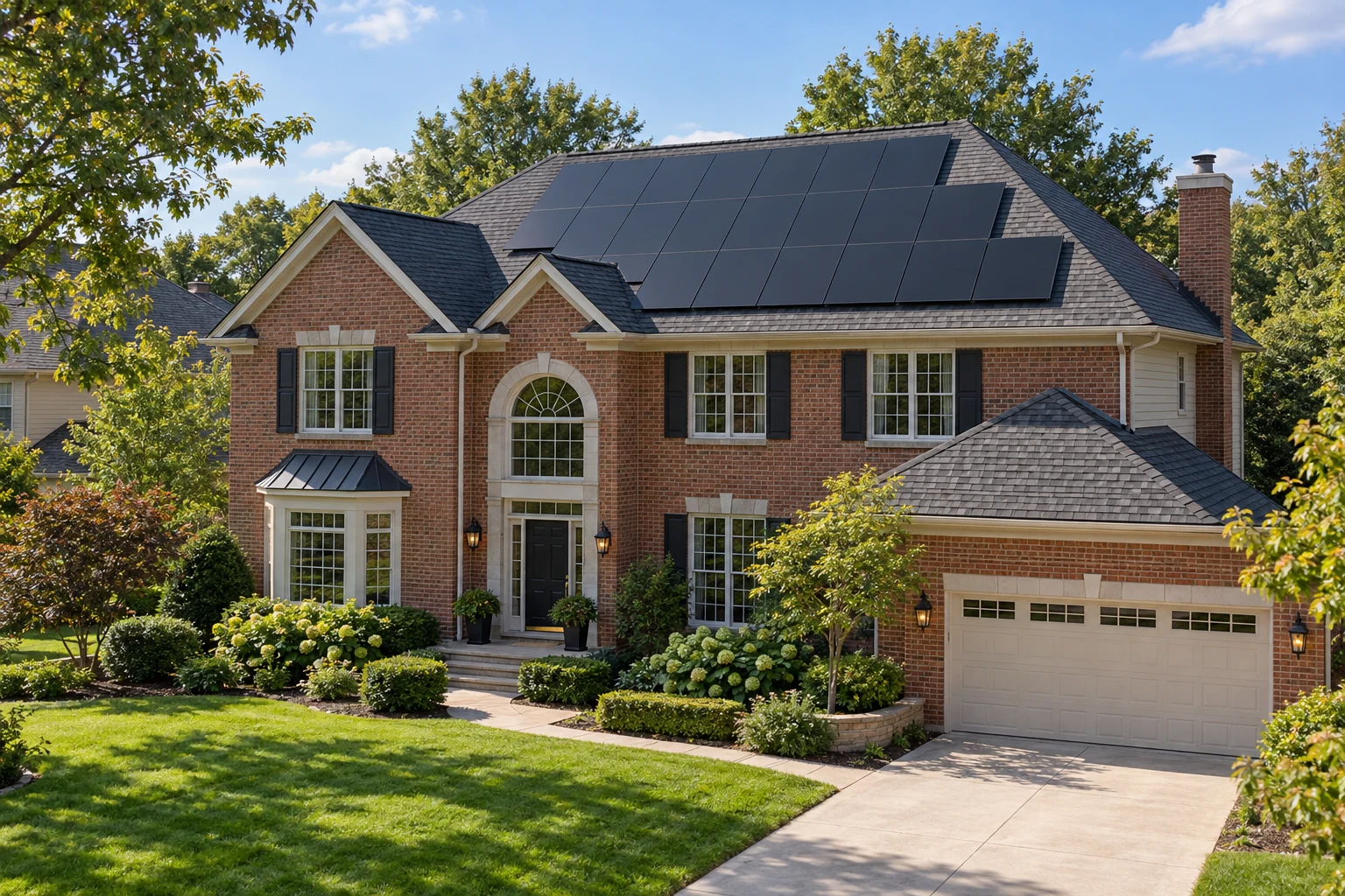 Illustrative brick Illinois home with black solar panels on its roof