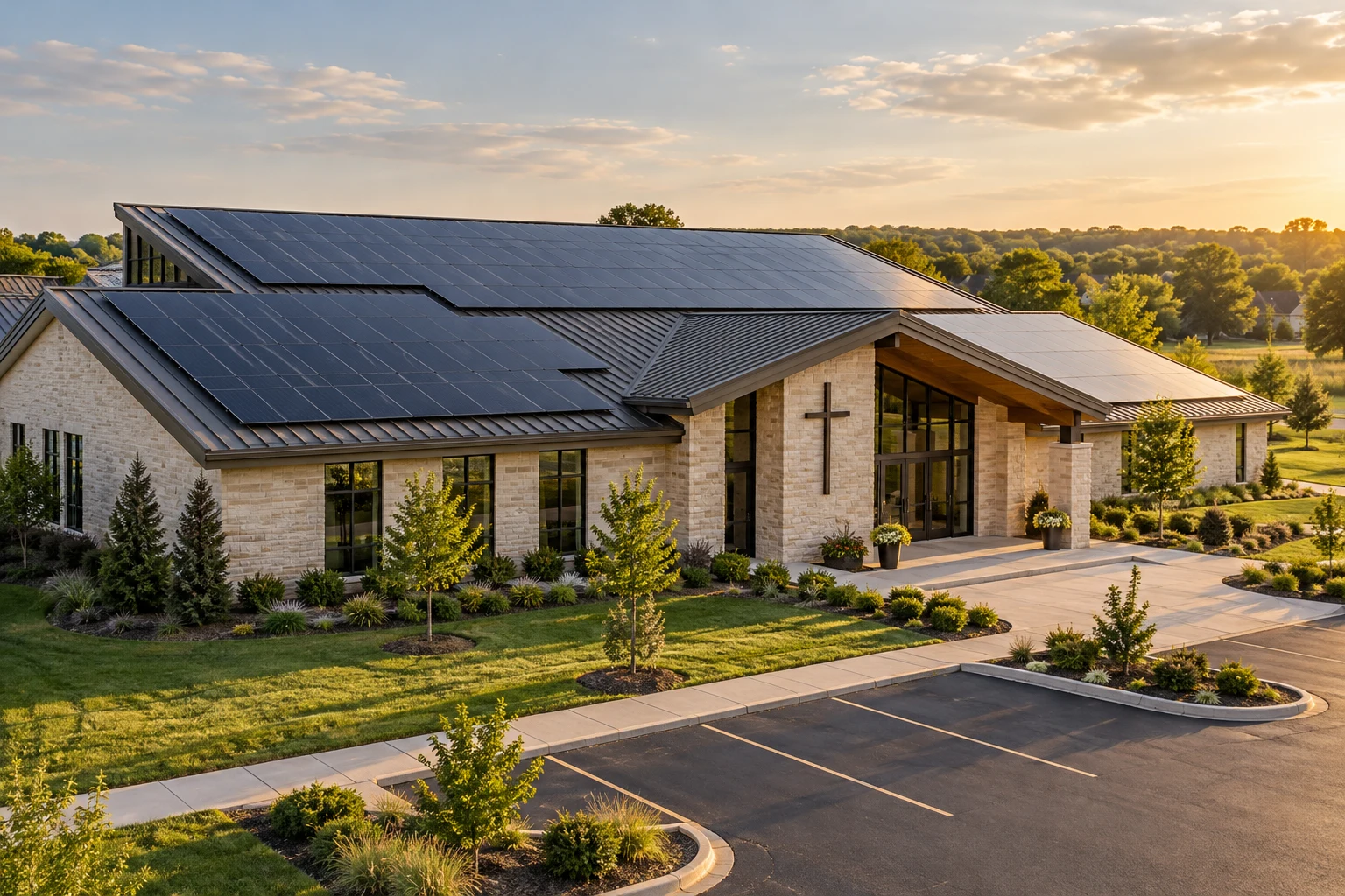 Illustrative modern community church with a broad rooftop solar array