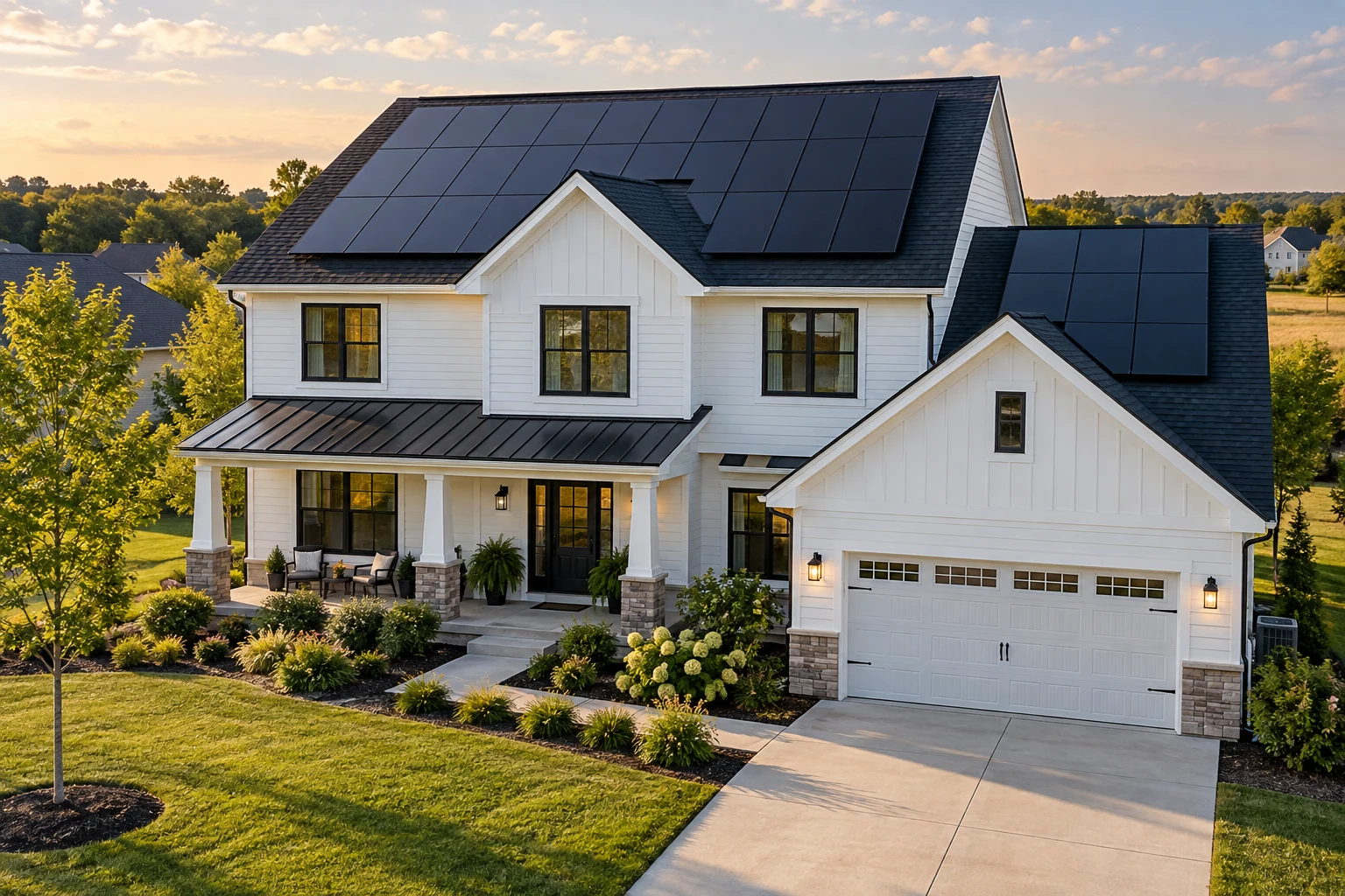 Illustrative white suburban home with a rooftop solar array