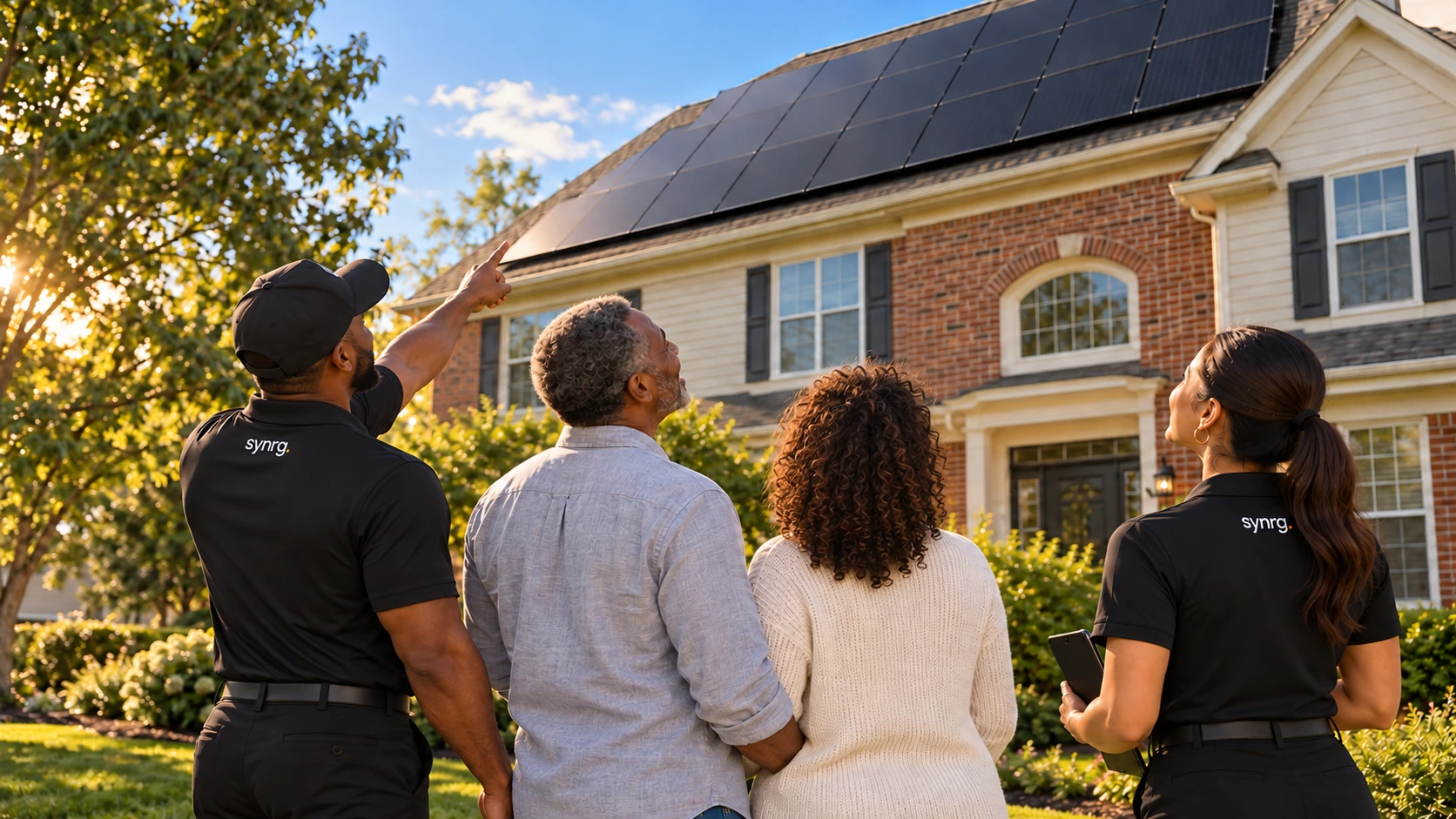 Homeowners and Synrg. representatives admiring newly installed rooftop solar panels