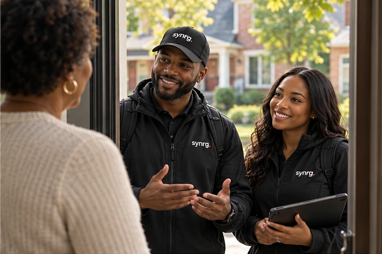 Synrg. representative discussing options with a homeowner