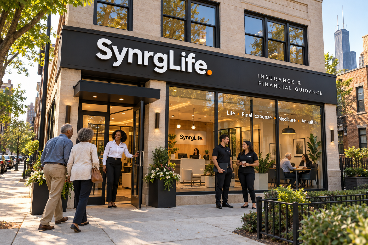 Concept of a welcoming SynrgLife agency with agents greeting clients