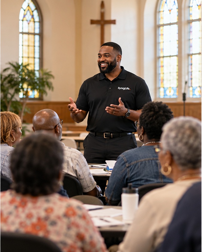 Insurance educator leading a welcoming seminar in a church community room