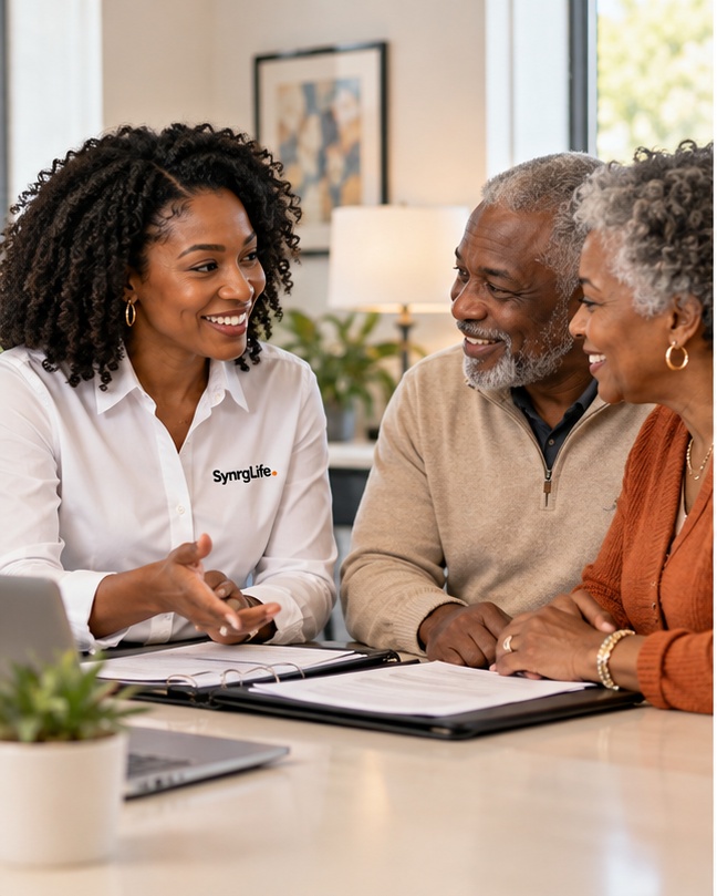Insurance professional listening to an older couple during a consultation